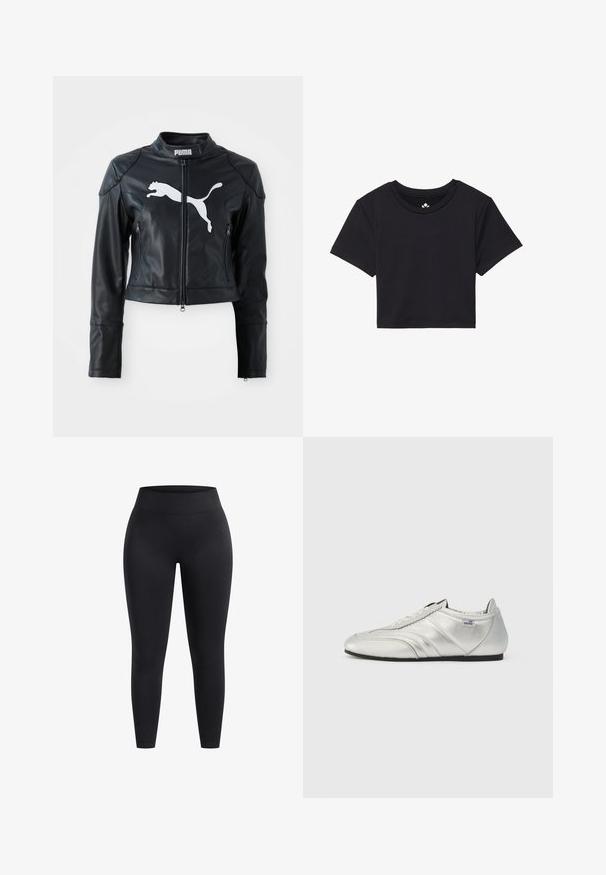 Giacca nera in pelle cropped con colletto alto, chiusura frontale con zip e due tasche con zip. Presenta un logo bianco Puma sul petto.; T-shirt nera cropped con maniche corte, scollo rotondo, realizzata in tessuto liscio. Design minimalista senza motivi o accenti visibili.; Leggings neri a vita alta realizzati in tessuto elasticizzato, con una superficie liscia e vestibilità alla caviglia. Senza motivi o dettagli hardware visibili.; Scarpe da ginnastica argento con una finitura in pelle liscia, caratterizzate da accenti cuciti, una punta arrotondata e una suola in gomma nera a profilo basso.