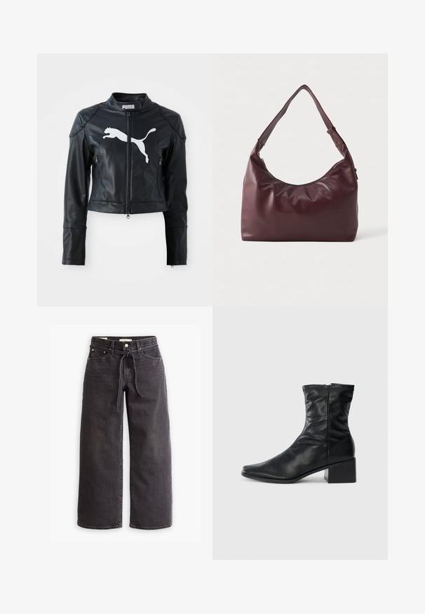 Zwart leren cropped jack metstaande kraag, voorrits en twee ritszakken. Voorzien van een witte Puma-logo op de borst.; Zwarte langemouwen turtleneck shirt gemaakt van gladde stof; aansluitend ontwerp met een hoge kraag en geen zichtbare naden. Eenvoudige, effen kleur.; Zwarte wijde denim jeans met een trekkoord in de taille, vijf zakken en contrasterende stiksels. Platte voorkant.; Zwarte leren enkelboot met een vierkante neus, een zijrits en een blokhak op een effen witte achtergrond.; Vloeiend burdeos leren schoudertas met verstelbare schouderriem en ritsluiting, weergegeven tegen een simpele witte achtergrond.