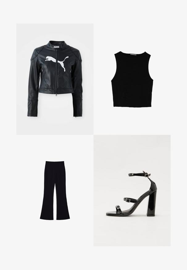 Čierna kožená skrátená bunda s stojatým golierom, predným zipsom a dvomi zipsovými vreckami. Na hrudi sa nachádza biele logo Puma.; Čierny bezrukávový crop top vyrobený z hladkej tkaniny, so zaobleným výstrihom a čistým, jednoduchým dizajnom bez vzorov alebo kovania.; Čierne široké nohavice s vysokým pásom a bez viditeľných vreciek alebo gombíkov, zobrazené na bielom pozadí.; Čierne lakované sandále na podpätku so štvorcovou špičkou, navlečenými remienkami okolo členku a striebornými prackami. Disponujú masívnym blokovým podpätkom pre stabilitu.