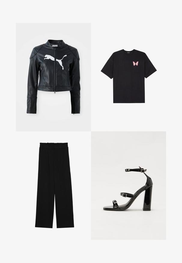 Black leather cropped jacket with stand collar, front zipper, and two zippered pockets. Features a white Puma logo on the chest.; Black cotton t-shirt with short sleeves, featuring a small pink butterfly graphic on the left chest. Crew neck design with a relaxed fit.; Black wide-leg trousers with a ruffled waistband, featuring two side pockets and a smooth, lightweight fabric. No visible patterns or hardware.; Black patent heeled sandals with a square toe, ankle straps, and silver buckles. Features a chunky block heel for stability.