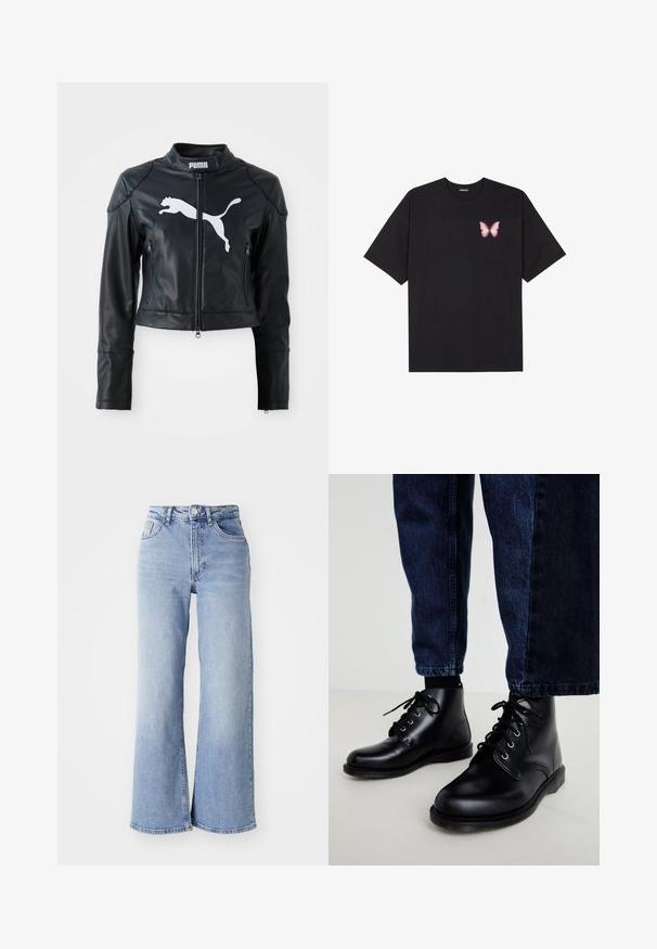 Jaqueta cropped de couro preto com colarinho alto, fecho à frente e dois bolsos com zíper. Apresenta um logo branco da Puma no peito.; T-shirt de algodão preto com mangas curtas, apresentando um pequeno gráfico de borboleta rosa no lado esquerdo do peito. Design de gola redonda com um corte solto.; Jeans de cintura alta, de perna larga, em azul claro, com bolsos frontais e traseiros, fecho de botão e desbotamento subtil nas coxas e nas bainhas.; Botas de tornozelo de couro preto com bicos redondos, design com atacadores e ilhós de metal. Usadas com calças de denim azul-escuras, com corte reto.