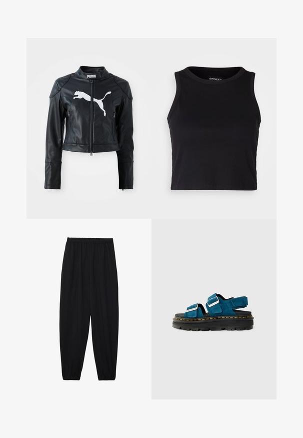 Crna kožna skraćena jakna s uspravnim ovratnikom, prednjim patentnim zatvaračem i dva patentna džepa. Sadrži bijeli Puma logo na prsima.; Crna rebrasta kratka majica bez rukava s okruglim izrezom. Izrađena od mekog, rastezljivog materijala, s urednim rubovima.; Crne, lagane hlače s elastičnom stražnjom pasicom i naboranim gležnjevima. Tkanina je glatka i ima opušteni, suženi dizajn.; Plave nubuk sandale s dvije podesive trake i srebrnim hardware-om, s debelim crnim platformama s žutim šavovima.