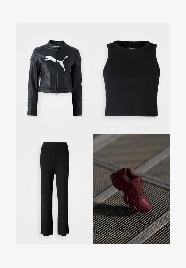 Svart läderjacka som är kort i modellen med ståkrage, framficka med dragkedja och två fickor med dragkedja. Har en vit Puma-logotyp på bröstet.; Svart ribbad kort tanktopp med rund halsringning och ärmlös design. Tillverkad av mjuk, stretchy tyg med rena, fållade kanter.; Svarta ribbade vida byxor med en slät, elastisk midjeband och utsvängd nederkant. Tygets textur är mjuk och elastisk, vilket ger komfort.; Burgundy sneaker med en texturerad ovansida, snörningsdesign och uttaliga sula konturer. Har logotyp och sömlösa syntetmaterialdetaljer.