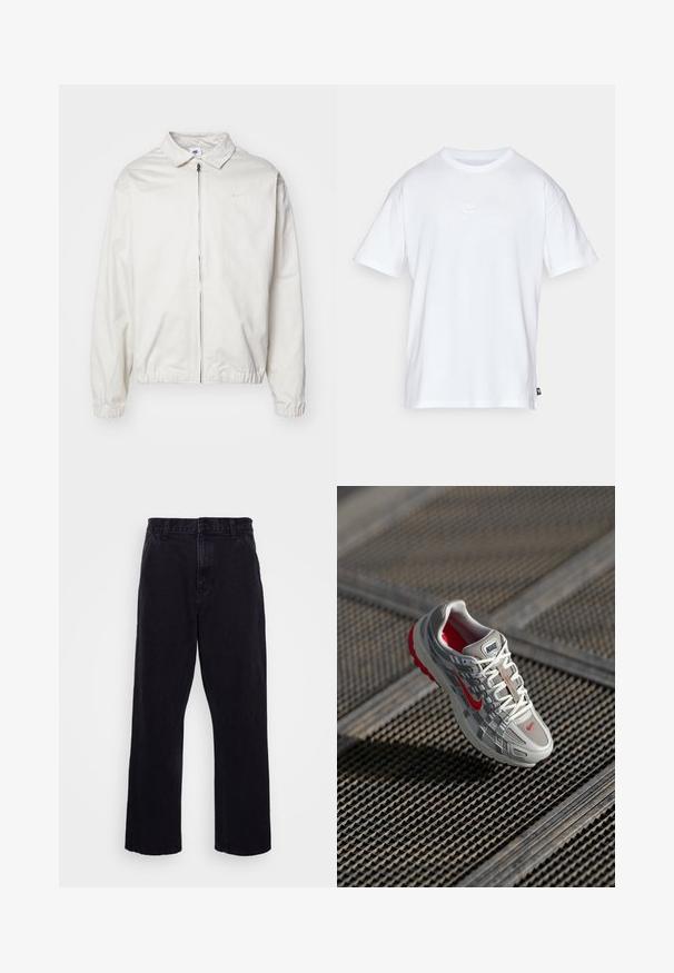 Valge, kerge Nike jakk, milles on krae, ees lukk, elastsed mansetid ja väike logo vasakul rinnal. Sile tekstuur.; Valge puuvillane t-särk lühikeste varrukatega ja ümmarguse kaelusega. Sellega on kaasas väike, tagasihoidlik Nike logo rinnal ja külgmine silt.; Mustad denimitüüpi püksid otse lõikega, varustatud nööbi ja tõmbluku kinnitusega, vöörihmadega ning minimaalsete õmbluse detailidega.; Nike jooksujalats halli võrgu pealsega, punaste detailidega ja tekstureeritud valge tallaga. Paelad on valged koos hõbedaste detailidega kinnitamiseks.