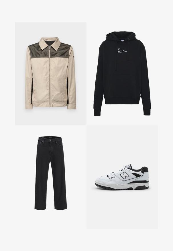 Bežs žakets ar melnu sietu paneli plecu rajonā. Aprīkots ar apkakli, priekšējo rāvējslēdzēju un sānu kabatām. Gluda tekstūra.; Melnā kapuce, kas izgatavota no mīkstas auduma, ar priekšējo kabatu, auklām un balto logotipa izšuvumu uz krūtīm. Klasisks piegriezums un ribota aproce.; Melna klasisko taisno kāju džinsu bikses ar pogu un rāvējslēdzēju, jostas cilpas, kā arī priekšējām un aizmugurējām kabatām.; Baltas zemu topu sneakers ar melniem akcentiem, ādas un sieta augšdaļa, perforēta apdare, mīkstināta apkakle un bieza gumijas zole. Modelis 550.