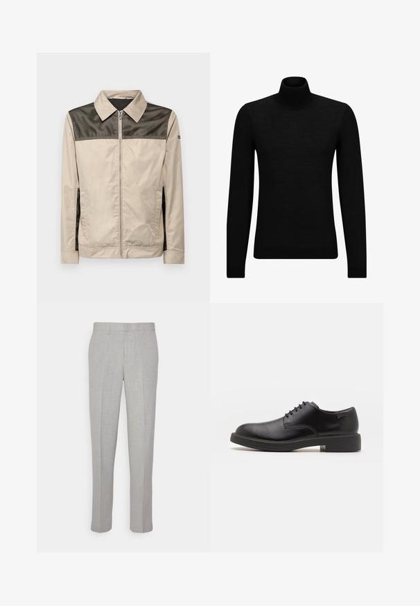 Bežinė striukė su juodu tinklu pečių srityje. Yra apykaklė, priekinis užtrauktukas ir šoninės kišenės. Lygus paviršius.; Juodas aukšto kaklo megztinis, pagamintas iš minkštos medžiagos, su ilgomis rankovėmis ir prigludusia forma. Su raukiniais apačioje ir rankogaliuose. Paprastas dizainas.; Šviesiai pilki kelnės su lygiu paviršiumi, plokščiu priekiu ir tiesiomis kojomis. Pagamintos iš kvėpuojančios medžiagos, su vidinėmis kišenėmis ir diržo kilpomis.; Juodas odinis batų modelis su raišteliais, apvaliu nosiu, lygiu paviršiumi, minimaliai siuvinėjimu ir žemu guminėmis pakulne. Ant pakulnės šalia logo.