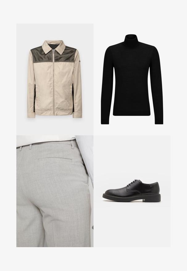 Bežinė striukė su juodu tinklu pečių srityje. Yra apykaklė, priekinis užtrauktukas ir šoninės kišenės. Lygus paviršius.; Juodas aukšto kaklo megztinis, pagamintas iš minkštos medžiagos, su ilgomis rankovėmis ir prigludusia forma. Su raukiniais apačioje ir rankogaliuose. Paprastas dizainas.; Šviesiai pilkos spalvos pritaikytos kelnės iš faktūrinės medžiagos, turinčios vieną užpakalinę kišenę ir tvarkingus siūlus.; Juodas odinis batų modelis su raišteliais, apvaliu nosiu, lygiu paviršiumi, minimaliai siuvinėjimu ir žemu guminėmis pakulne. Ant pakulnės šalia logo.