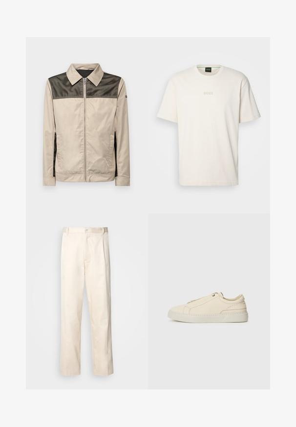 Beige jacket with a black mesh panel at the shoulders. Features a collar, front zipper, and side pockets. Smooth texture.; BOSS TEE - Basic T-shirt - open white; Beige cotton trousers with a straight-leg cut, featuring a button closure and pleats at the front for added detail.; Beige leather sneaker with a rounded toe, minimalistic design, subtle stitching details, and a textured upper, on a light sole.