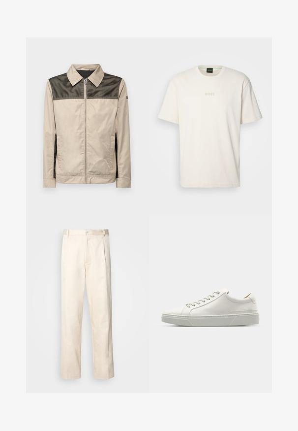 Beige jacket with a black mesh panel at the shoulders. Features a collar, front zipper, and side pockets. Smooth texture.; BOSS TEE - Basic T-shirt - open white; Beige cotton trousers with a straight-leg cut, featuring a button closure and pleats at the front for added detail.; White leather sneaker with a rounded toe, minimalist design, grey laces, and a textured grey rubber sole. Subtle stitching details visible.