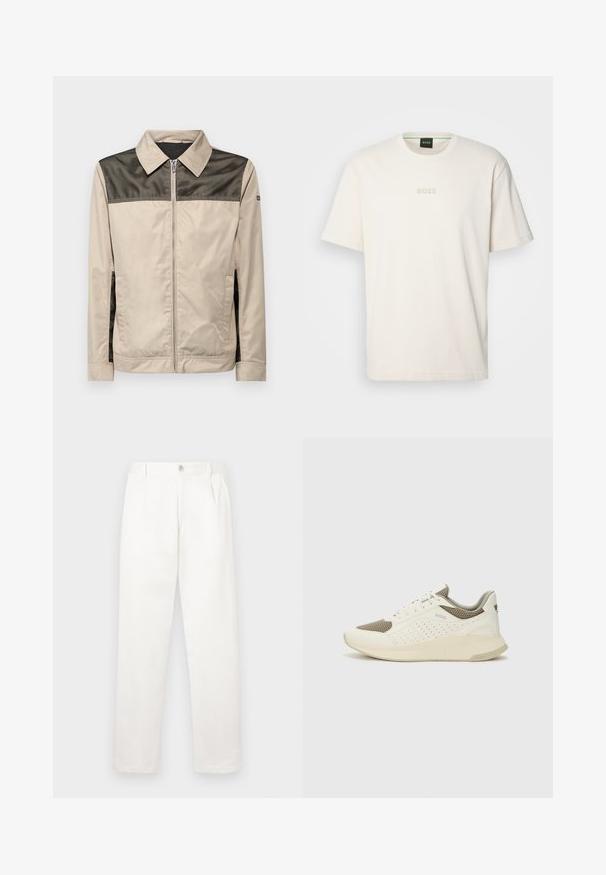 Bežna jakna s črnim mrežastim vložkom na ramenih. Ima ovratnik, sprednji zadrgo in stranske žepke. Gladka tekstura.; BOSS TEE - Navadna majica - open white; Bele hlače iz gladkega blaga, z ravnimi nogami, sprednjimi gubami in enim gumbom za zapiranje v pasu.; Beli in svetlo bež športni copat, s mrežastim zgornjim delom, perforiranimi detajli in teksturirano srednjim delom z blagovno znamko na peti.