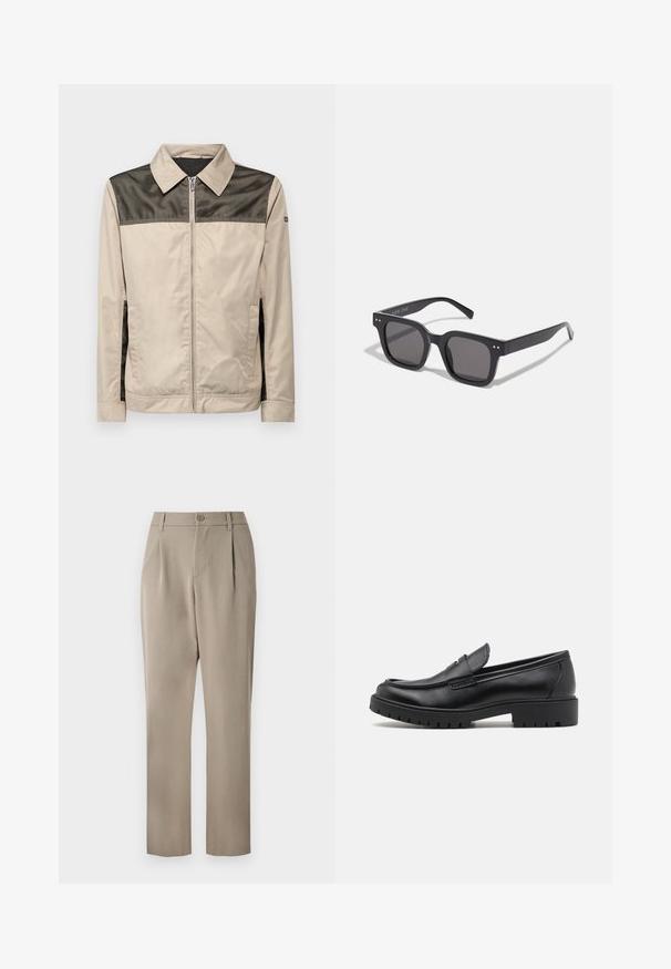 Beige jacket with a black mesh panel at the shoulders. Features a collar, front zipper, and side pockets. Smooth texture.; White short-sleeve t-shirt made of soft fabric. Round neckline, relaxed fit, and simple design without embellishments or patterns.; Khaki trousers with a straight-leg design, featuring a button closure and pleated front. Made from smooth fabric with a matte finish.; Black leather loafers with a rounded toe, slip-on design, and thick rubber sole featuring a textured grip. Elevated heel and subtle stitching details.; Black rectangular sunglasses with dark lenses, featuring a thick frame, subtle accents on the sides, and no visible logos beyond the brand name.
