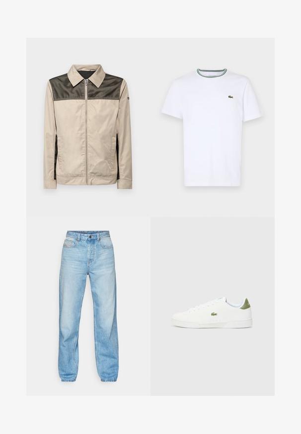 Béžová bunda s čiernou sieťovanou panelu na pleciach. Má golier, predný zips a bočné vrecká. Hladký povrch.; Biela bavlnená tričko s krátkym rukávom a rebrovaným golierom s zelenými a čiernymi pruhmi; malá zelená vyšitá logo na ľavej hrudi.; Svetlomodré džínsy vyrobené z denimu, so štandardným strihom, piatimi vreckami a viditeľným zapínaním na gombík s kontrastným prešívaním.; Biele tenisky s hladkým povrchom, s zeleným akcentom na päte a malým vyšitým logom krokodíla na boku.
