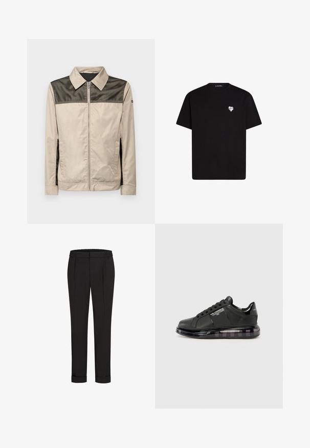 Bež jakna s crnom mrežastom pločom na ramenima. Ima ovratnik, prednji patentni zatvarač i bočne džepove. Glatka textura.; Crna pamučna majica s kratkim rukavima, okruglim izrezom i malim bijelim grafičkim srcem na lijevoj strani prsnog dijela.; Crne hlače s elastičnom trakom u struku, s ravnim krojem i zavrnutim rubovima. Napravljene od glatkog, tkanog materijala bez uzoraka.; Crna sportska cipela s glatkom kožnom gornjom dijelu, zaobljenim vrhom i vezanjem. Sadrži prozirnu, ublaženu potplat s tamnim degradéom.
