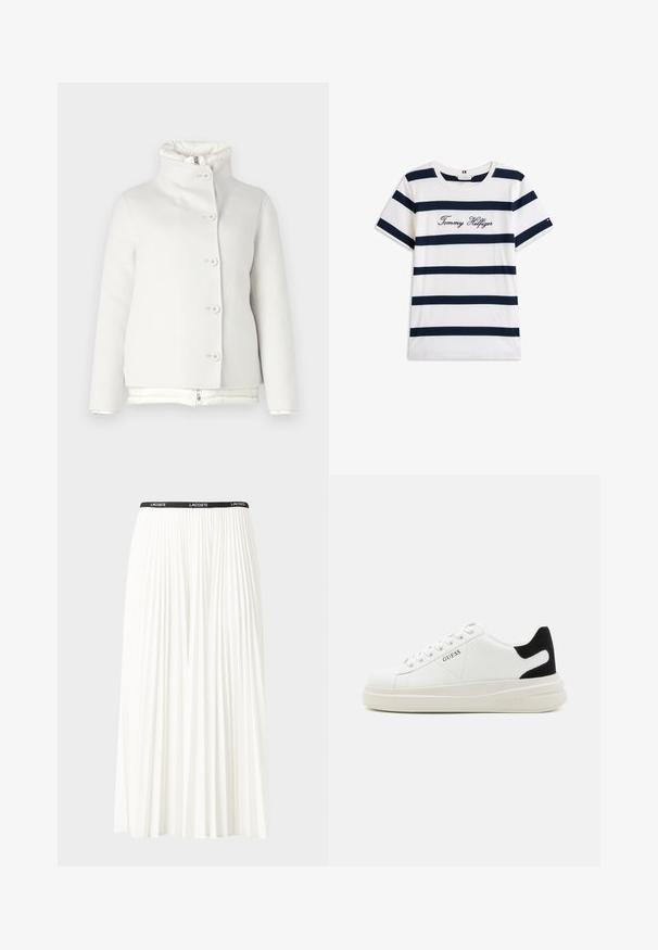 Biała kurtka zapinana na guziki z wysokim kołnierzem i pikowaną podszewką. Miękka tekstura, prosty krój, wyposażona w pięć guzików z przodu.; Bawełniana koszulka z poziomymi granatowymi paskami na białym tle. "Tommy Hilfiger" wyszyte kursywą na klatce piersiowej. Okrągły dekolt.; Plisowana biała spódnica z czarnym elastycznym pasem z logo "LACOSTE". Średniej długości, o miękkiej teksturze.; Białe skórzane sneakersy z grubą białą podeszwą, czarnym zamszowym akcentem na pięcie oraz wytłoczonym logotypem z boku. Projekt z sznurówkami i sześcioma dziurkami.