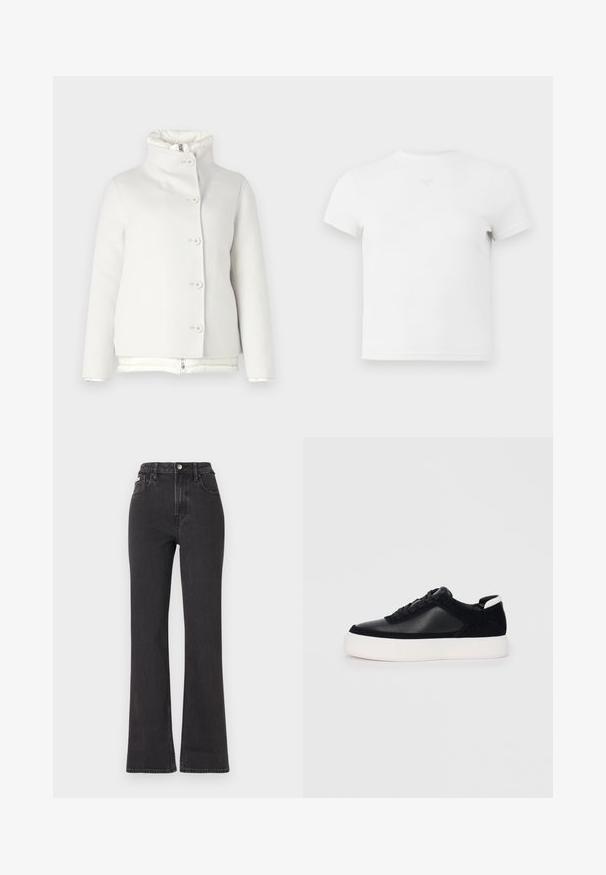 Balta, poguota mētelis ar augstu apakšējo apkakli un oderi. Maiga tekstūra, taisna piegriezuma, priekšā ir piecas pogas.; Balts īsās piedurknes T-krekls ar apaļu kakla izgriezumu, izgatavots no mīkstas kokvilnas. Vidū uz krūtīm ir neliels logo elements. Gluda tekstūra.; Melnas augstā jostasvietā plati izgrieztas džinsus no denima, ar pogu aizdari, jostas cilpām un sānu kabatām. Gluda tekstūra ar minimālu izbalēšanu.; Melnas sporta kurpes ar gludu ādu un zamša paneļiem, plakaniem šņorēm, noapaļotu pirkstu daļu un baltu gumijas zolīti. Izteikts logo uz papēža.