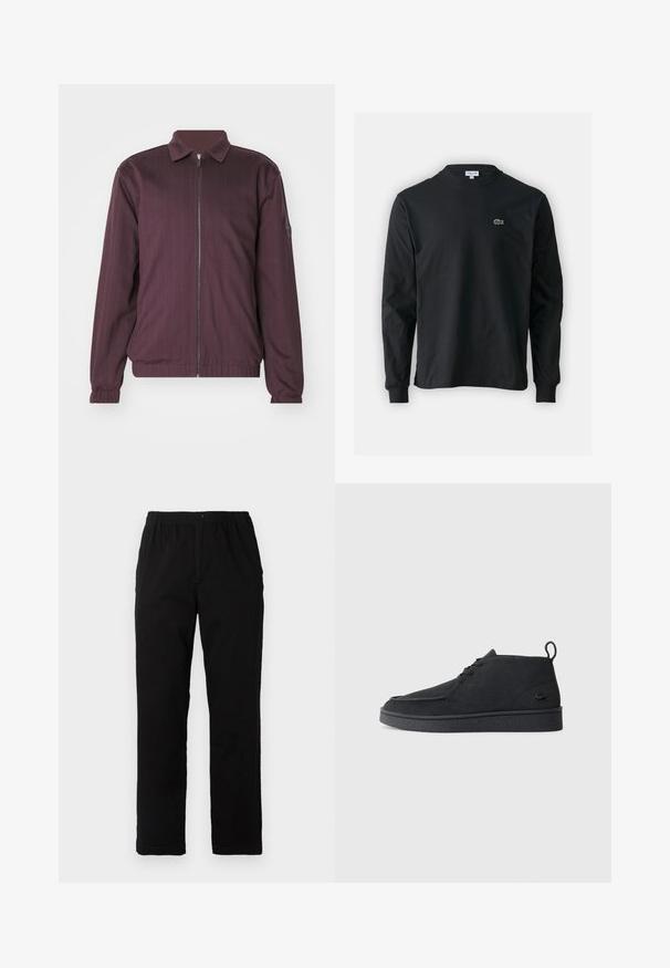 BOSS BOSS X PORSCHE - Bomber Jacket - open red; Black long-sleeve t-shirt made of cotton, featuring a round neckline and a small green embroidered crocodile logo on the left chest.; Black pants made of cotton blend fabric, featuring a straight cut, elastic waistband with button, and no visible patterns or accents.; Black suede lace-up ankle boot with pull tab and textured sole, featuring small embossed crocodile logo on the side.