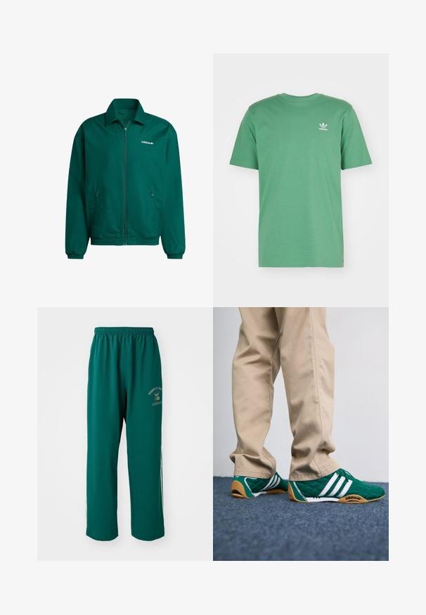 Zelená lehká zipová bunda vyrobená z syntetického materiálu. Obsahuje límec, elastické manžety a dvě boční kapsy. Přítomné logo Adidas.; adidas Originals TREFOIL ESSENTIALS - Triko s potiskem - preloved green; Zelené sportovní kalhoty vyrobené z hladkého materiálu, s elastickým pasem, potiskem loga na jedné straně a bílými bočními pruhy. Normální střih.; Zelené prošívané tenisky s bílými pruhy a hnědými gumovými podrážkami, doplněné béžovými kalhotami. Design se vyznačuje nízkým profilem a texturovaným materiálem.