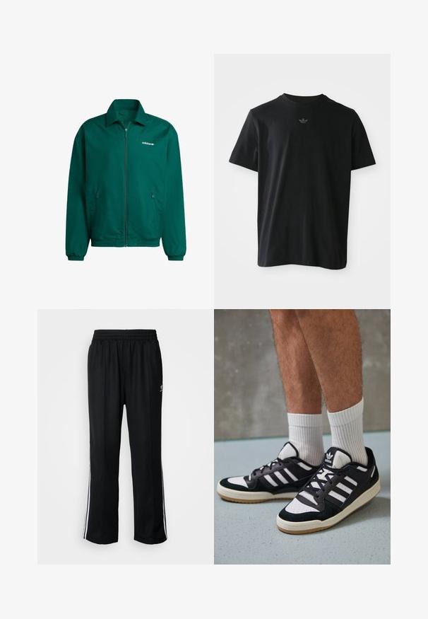 Zaļš viegls ar rāvējslēdzēju kabatas zīmolā Adidas, izgatavots no sintētiska materiāla. Tiek piedāvāta apkakles daļa, elastīgas aproces un divas sānu kabatas.; Melns T-krekls ar īsām piedurknēm un mazu, centrēti novietotu Adidas trefoil logotipu uz krūtīm, attēlots uz vienkārša baltā fona.; Melni sporta bikses ar elastīgu jostas vietu, kurām ir baltas sānu svītras un neliels logotips. Materiāls izskatās mīksts un viegls.; Melnas un baltas kedas ar zamša un ādas augšdaļu, kas aprīkotas ar trim baltām svītrām, perforētu purngali un gumijas zolēm.