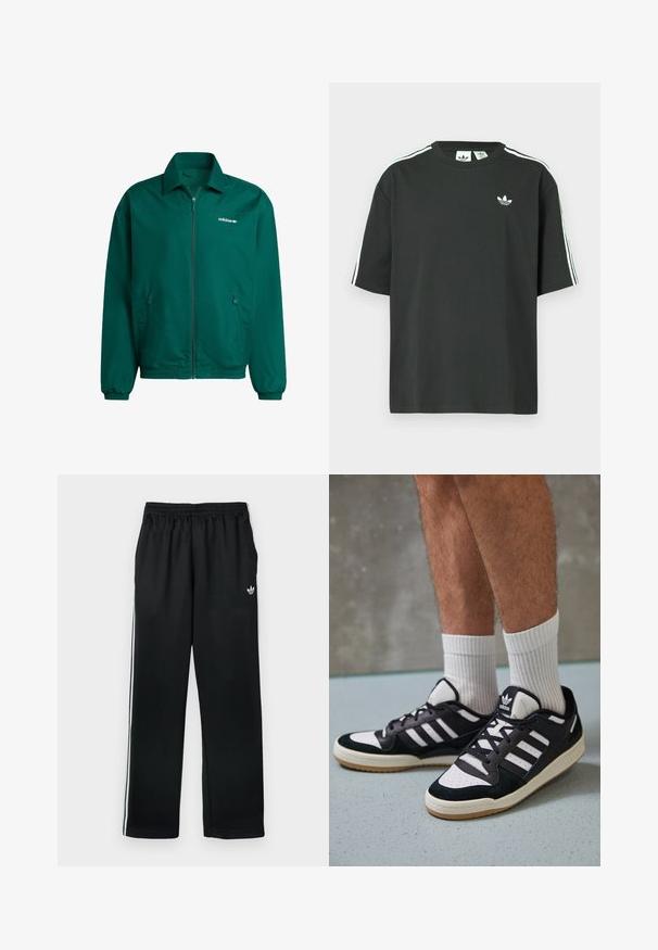 Zöld, könnyű, cipzáras dzseki szintetikus anyagból. Kétsoros gallér, rugalmas mandzsetták és két oldalzseb jellemzi. Az Adidas logó látható rajta.; Fekete pamutpóló rövid ujjakkal, kerek nyakkivágással és fehér háromcsíkos mintázattal a vállakon. A mellrészen kis fehér logó található.; Fekete sportnadrág elasztikus derékpánttal, fehér oldalcsíkokkal és egy kis logóval az elején. Sima anyag és egyenes szabás.; Fekete-fehér tornacipők velúr és bőr felsőrésszel, három fehér csíkkal, perforált orral és gumi talppal.