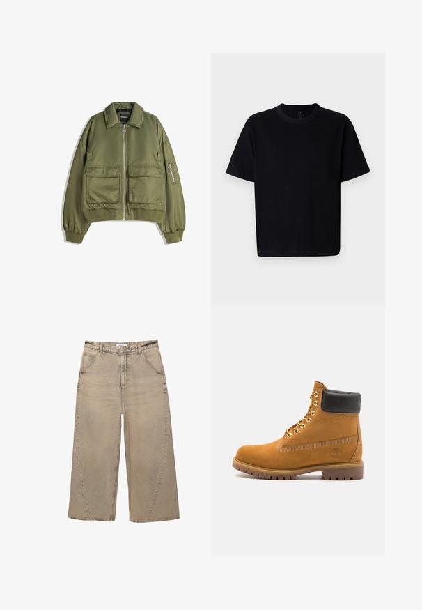 Jachetă bomber verde măsliniu, realizată dintr-un material ușor, cu fermoar în față, două buzunare frontale și tivuri și manșete ribbate.; T-Shirt negru din bumbac, cu guler rotund, mâneci scurte și croială dreaptă. Prezintă cusături minime și o textura moale, netedă.; PULL&BEAR MEGA BAGGY - Blugi largi - light grey; Cizmă de gleznă din întoarsă de culoare bej, cu guler negru căptușit, ochiuri din metal auriu, detalii de cusătură albă și talpă din cauciuc robustă, cu un model pronunțat.