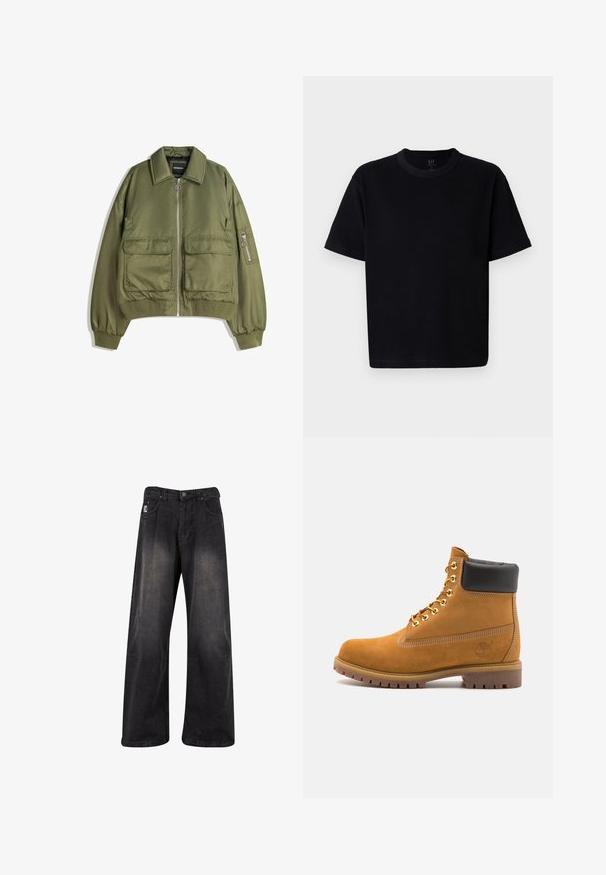 Jasnozielona bomberka wykonana z lekkiego materiału, z zamkiem z przodu, dwoma przednimi kieszeniami oraz ściągaczami przy mankietach i u dołu.; Czarna bawełniana koszulka z okrągłym dekoltem, krótkimi rękawami i prostym krojem. Charakteryzuje się minimalnym przeszyciem oraz miękką, gładką fakturą.; Czarne spodnie dżinsowe o szerokich nogawkach z wyblakłym wykończeniem, z zapięciem na guzik, pięcioma kieszeniami oraz metką z logo z przodu po lewej stronie.; Beżowe zamszowe botki sięgające kostki z czarną wyściełaną krawędzią, złotymi oczkami, białymi detalami szycia oraz wytrzymałą gumową podeszwą z wyraźnym bieżnikiem.