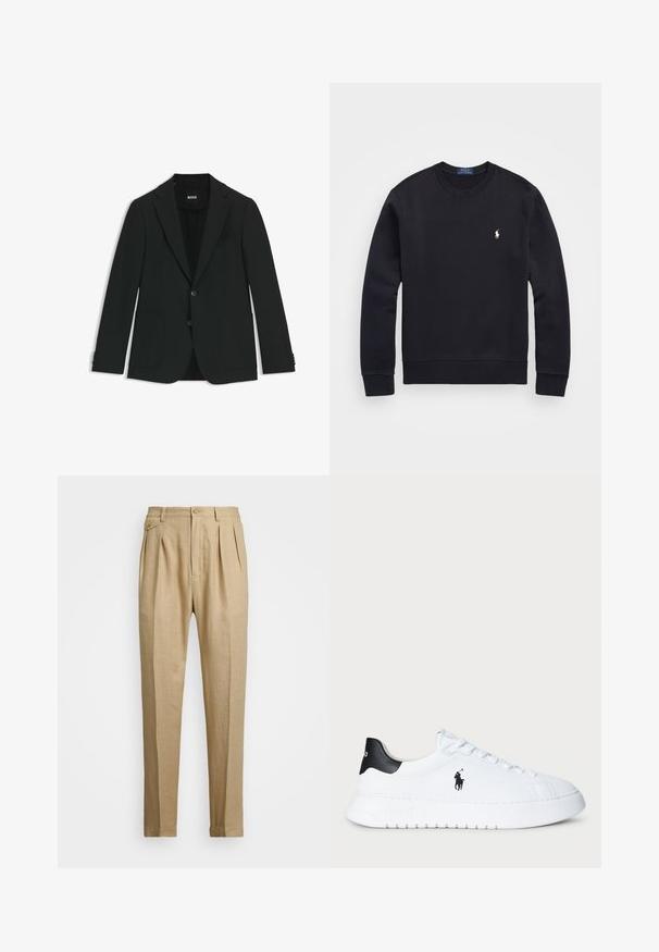 Black blazer made of smooth fabric. Features two front pockets, notch lapels, two buttons, and detailed stitching on sleeve cuffs.; Black sweatshirt made of cotton blend, featuring a crew neck, long sleeves, ribbed cuffs and hem, with a small embroidered logo on the chest.; Beige linen trousers with a straight cut, featuring two front pleats, a button closure, and side pockets. Textured fabric with a smooth finish.; White low-top sneaker with black heel tab and black Polo Ralph Lauren logo on side, featuring white laces and thick rubber sole.