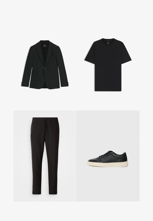 Blazer nero realizzato in tessuto liscio. Presenta due tasche frontali, rever a punta, due bottoni e cuciture dettagliate sui polsini delle maniche.; Maglietta nera a maniche corte realizzata in un morbido misto cotone, con scollatura a girocollo e un design minimalista senza motivi o dettagli.; Pantaloni jogger neri realizzati in tessuto liscio. Presentano una vita elasticizzata con stringa, gambe affusolate e senza tasche visibili. Design semplice.; Sneaker in pelle nera a basso profilo con lacci neri e suola avorio, mostrato di profilo su sfondo bianco.