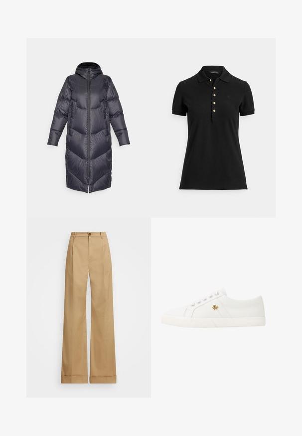 Burton LONG PARKA - Tollkabát - true black; Fekete pólótexturált anyagból, gallérral, rövid ujjal és arany gombokkal díszített blúzgombolattal. Finom logó részlet a mellkason.; Beige, bő szabású nadrág gombos záródással, sima textúrával és gyűrődések nélküli fazonnal. Felhajtott szárvégek extra részletességgel.; Lauren Ralph Lauren JANSON II CANVAS SNEAKER - Sportcipő - optic white