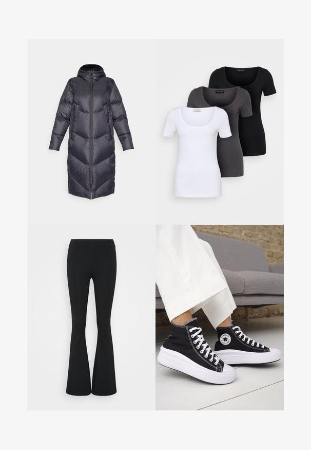 Burton LONG PARKA - Tollkabát - true black; Három szűkített T-póló fehér, szürke és fekete színben. Mindegyik széles, kerek nyakkal és rövid ujjakkal rendelkezik. Simább, elasztikus anyagból készült.; Fekete harangszárú nadrág, rugalmas anyagból készült, magas derékkal és sima felülettel. A nadrág a térdtől kezdve bővül.; Fekete magas szárú tornacipők fehér gumitalppal és fűzővel. Kör alakú logófolttal és kontrasztos fehér varrással. Vászon anyagból.