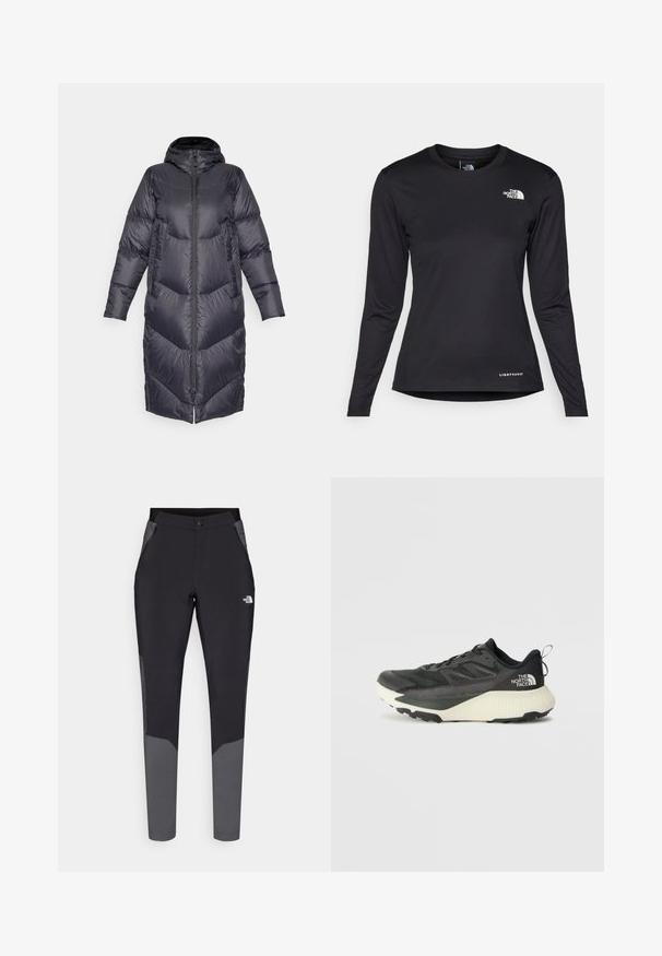 Burton LONG PARKA - Sulemantel - true black; The North Face SHADOW LONG SLEEVE - Pikkade varrukatega topp - black; Mustad musta värvi väljas kantavad püksid hallide aktsentidega, omades vormivat lõiget, elastset vööd, lukkudega taskuid ning vastupidavast, kergest materjalist.; Musty mustusjalats musta pealisega, millel on tekstuur, hallid aktsendid ja valge vaheosa. Sisaldab tõmbeosa ning silmapaistvat brändi logo kandadel.