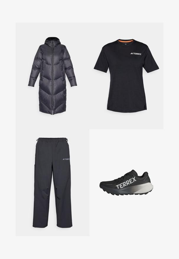 Burton LONG PARKA - Πουπουλένιο μπουφάν - true black; Μαύρο κοντομάνικο T-shirt με στρογγυλή λαιμόκοψη, που διαθέτει μια λεπτή υφή μιγμάτων και λευκό λογότυπο "TERREX" στην επάνω αριστερή πλευρά.; Μαύρο, ελαφρύ παντελόνι εξωτερικού χώρου με ελαστική μέση, πλευρικές τσέπες και λογότυπο στο επάνω δεξί πόδι. Λείο, αδιάβροχο ύφασμα.; Μαύρο αθλητικό παπούτσι τρεξίματος με υφή στο επάνω μέρος, έντονο λογότυπο "TERREX" σε λευκό, σχεδίαση tapered σόλας και γκρι κλιμακωτό φινίρισμα στη φτέρνα.