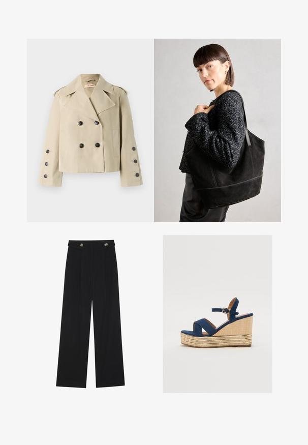 Šviesiai rudas trumpas perkūnas su dideliais juodais mygtukais, dvigubu užsegimu ir plačiu išpjovimu švarku. Papuoštas švaria, lygią tekstūra.; Balta trumpa rankovė T-marškiniai, pagaminti iš minkštos medvilnės. Charakterizuojami apvali kaklo iškirpte ir laisvu siluetu. Švarus dizainas be matomų raštų ar akcentų.; Juodi plačios kojos kelnės su aukštu liemeniu, sagų detalėmis ant liemens ir priekinėmis raukšlėmis.; Tamsiai mėlynos spalvos platforminės sandalai su kryžminėmis juostelėmis, tekstūruota natūralaus pluošto platforma ir auksiniu metaliniu akcentu ant pagrindo.; Juodas nubuko turgus su sklandžiu paviršiumi, struktūrine forma ir kontrastingomis siūlėmis. Yra ilgos rankenos, skirtos nešti ant peties.