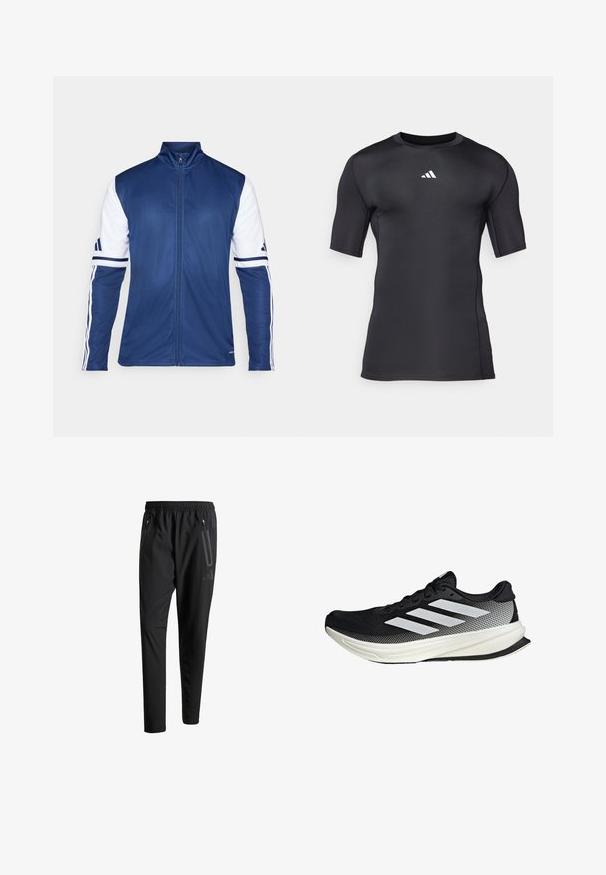 Merikanssi urheiluvaatetus, jossa on valkoiset hihat, korkea kaulus, täysi vetoketju ja kolmonauhat yksityiskohtana hihoissa. Valmistettu kevyestä, sileästä kankaasta.; Musta urheilu lyhythihainen paita, joka on valmistettu sileästä ja joustavasta kankaasta. Siinä on valkoinen logo rinnassa ja litteät saumat mukavuutta varten.; Mustat urheiluhousut, joissa on joustava vyötärö, kaksi vetoketjullista sivutaskua, kapenevat lahkeet ja hillitty logokuvaus lonkalla.; Musta urheilukengä, jossa on verkkomaisia yksityiskohtia, valkoiset raidat, pyöristetty kärki ja pintakuvioitu pohja pidon ja tuen tarjoamiseksi.