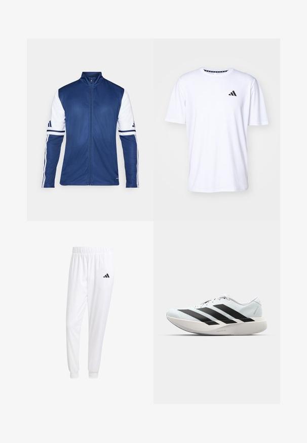 Mornarska sportska jakna s bijelim rukavima, visokim ovratnikom, punim zatvaračem i trostrukim detaljima na rukama. Izrađena od lagane, glatke tkanine.; Bijela kratkotrajna majica s kratkim rukavima izrađena od tkanine s glatkom teksturom. Sadrži crni adidas logotip na lijevoj strani prsnog koša i uzorak na ovratniku.; Bijele atletske hlače od glatkog materijala, sa elastičnom vrpcom u struku i pripijenim manžetama, sa crnim logom na stražnjem džepu.; Lagane tenisice za trčanje u svijetloplavoj boji s crnim trakama. Imaju glatku gornju površinu, okrugli vrh i debeli bijeli srednji sloj označen "LIGHTSTRIKE PRO."