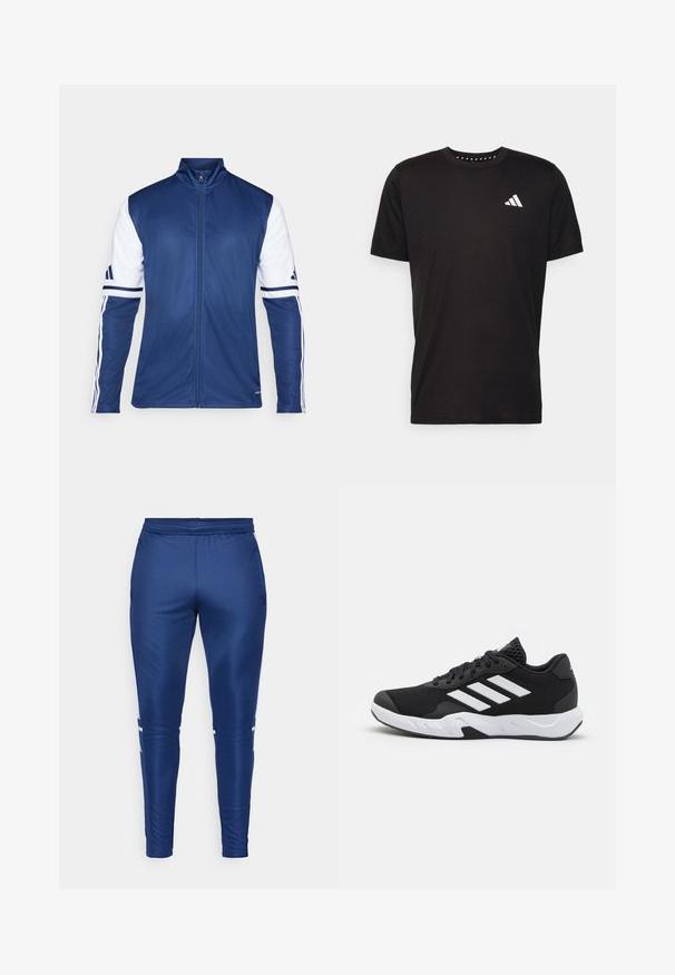 Casaquinho de desporto azul-marinho com mangas brancas, gola alta, fecho éclair completo e detalhes de três riscas nas mangas. Feito de um tecido leve e suave.; T-shirt de algodão preto com mangas curtas, decote redondo e um logo branco no lado esquerdo do peito. Textura suave e design simples.; Calças de atletismo azul-marinho com uma textura suave e elegante, apresentando riscas brancas nas laterais, uma cintura elástica e um design de perna afunilada.; Tenis negros desportivos com um superior em malha texturizada, riscas brancas de destaque, sola acolchoada e um calcanhar reforçado para suporte.