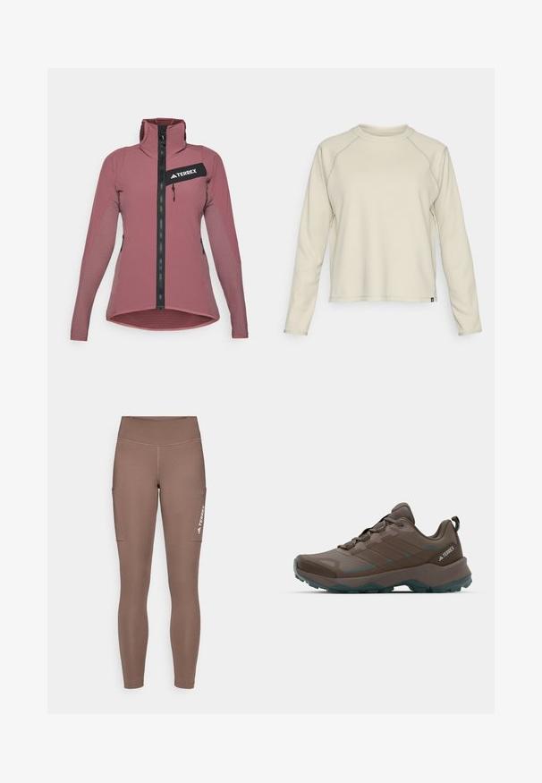 Terrexi jakk mauve värvuses, millel on täispikk eesmine lukku, kõrge krae, lukuäärse rinna tasku ning tekstuuriga külgepaneelid hingavuse tagamiseks.; Helehbeige pikkade varrukatega särk, millel on tekstuuriga ribakujundus. Omab raglan-varrukaid ja ümarat kaelust. Diskreetne brändi logo hemil.; Pruunid spord Leggingsid kõrge vöökohaga, külgtaskud ja valge logo. Sile ja veniv kangas mugavuse ja liikumisvabaduse tagamiseks.; Hallgrüüne ja teal värvi matkajalatsid, millel on võrkpaneelid, tekstureeritud pealis ja robustne kummipõhi. Omab pehmendatud keele ja paeladega kinnitust.