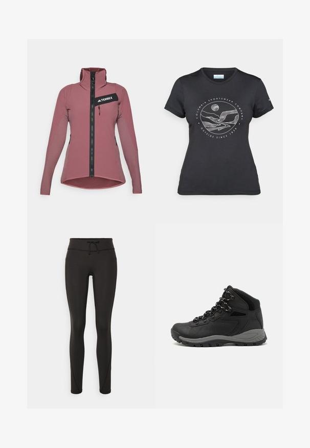 Terrex bunda v mauve barvě, s plným předním zipem, vysokým límcem, zipovou náprsní kapsou a texturovanými bočními panely pro prodyšnost.; Černé tričko Columbia s bílým kruhovým uměleckým ztvárněním hor a řeky a textem "Columbia Sportswear Company Outside Since 1938."; Černé legíny s vysokým pasem, šnůrkou, hladkým povrchem a přiléhavým střihem. Obsahují švy podél stran.; Černé turistické boty s mírně vyšším střihem, které mají texturovaný svršek, šedé detaily a odolnou gumovou podrážku s trakčními výstupky.