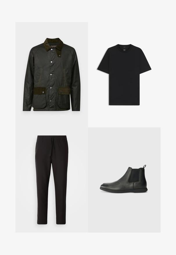 Barbour CORDALE JACKET - Jas - fern; Zwarte korte mouwen T-shirt van een gladde katoenmix, met een ronde halslijn en een minimalistisch ontwerp zonder patronen of accenten.; Zwarte joggingsbroek van gladde stof. Kenmerkt zich door een elastische tailleband met een trekkoord, taps toelopende benen en geen zichtbare zakken. Eenvoudig ontwerp.; Zwarte leren enkelboots met een gladde textuur, elastische zijpanelen en een trekband aan de achterkant. Rondneus en rubberen zool.