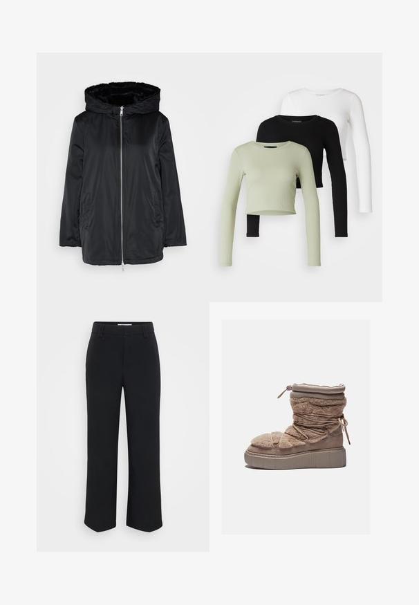 Crna puf jakna s krznenim kapuljačom, zatvaranjem na zip, bočnim džepovima i blago slobodnim krojem. Izrađena od glatkog, sjajnog materijala.; Even&Odd Petite 3 PACK - Top dugih rukava - black/white/light green; Crne hlače širokog kroja s glatkom teksturom, s ravnim pojasom i bočnim džepovima, dizajnirane s minimalističkom estetikom.; Krznene bež čizme do gležnja s debelim platformom, sabranim gornjim dijelom i elastičnim vezicama. Imaju zatvaranje na zip i mekanu teksturu tkanine.
