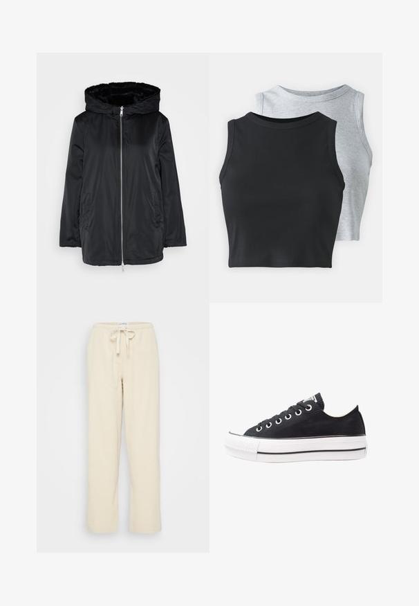 Melnas pūkainās jakas ar pūkainu kapuci, ar rāvējslēdzēju priekšā, sānu kabatām un nedaudz brīvu piegriezumu. Izgatavota no gluda, glancēta materiāla.; Even&Odd Petite 2 PACK - Tops - light grey/black; Even&Odd Petite Auduma bikses - beige; Melnas kanvas kedas ar baltu gumijas zoli, apaļi purngali, zema dizaina, metāla acu caurumi un teksturēts purngals. Plāna melna svītra gar zoli.
