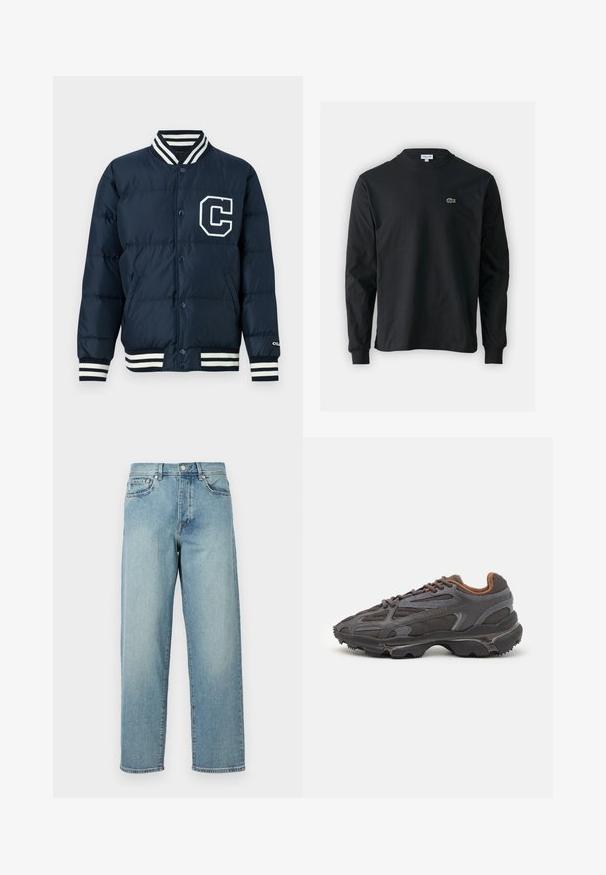 Navy puffer jacket with a white 'C' logo, snap button closure, ribbed striped cuffs and collar, and a smooth, shiny texture.; Black long-sleeve t-shirt made of cotton, featuring a round neckline and a small green embroidered crocodile logo on the left chest.; Light blue denim jeans with a loose fit, straight legs, five-pocket design, and a button closure at the waist. Minimalistic stitching detail.; Lacoste sneakers in dark gray with mesh and synthetic material, featuring a textured sole and brown accents on the collar and branding.