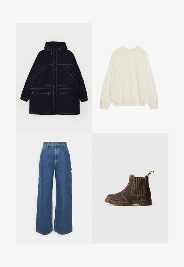 Jūras zila kapuce mēteles izgatavota no viegla auduma, ar redzamām baltām šuvēm, divām priekšējām kabatām un regulējamiem auklām uz kapuces.; Gaiši bejdzs pelēka sporta krekls, kas izgatavots no mīksta kokvilnas auduma. Tam ir garas piedurknes, apaļa dekoltē, kā arī ribotās aproces un apakšmala, un tas ir brīva piegriezuma.; Platleņķa zili džinsi ar augstu jostasvietu, kontrastējošām šuvēm un sānu kabatām, ar klasisku piecu kabatu dizainu un neapstrādātiem malām.; Brūnas ādas Čelsija zābaki ar dzeltenu izšuvumu, elastīgām sānu paneļiem, vilnas oderi un caurspīdīgu gumijas zoli uz baltā fona.