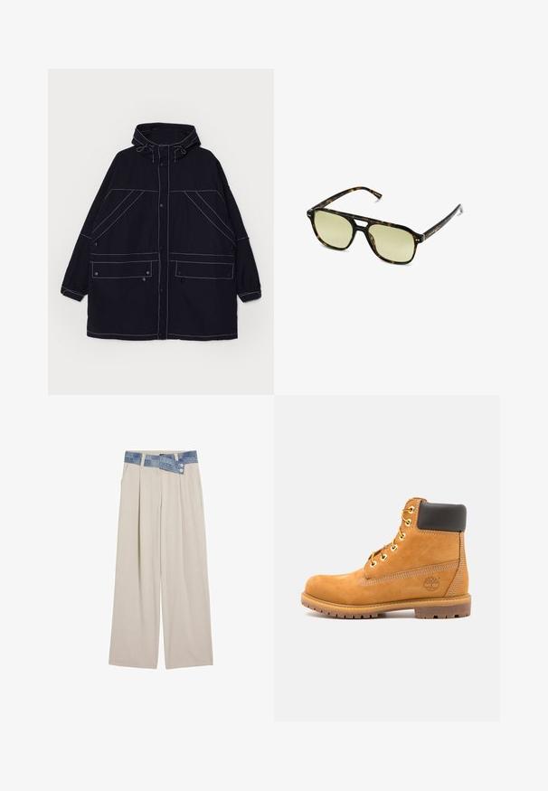 Marinblå huvjacka i lättviktigt tyg, med synliga vita sömmar, två framfickor och justerbara dragsnören på huvan.; Stickad tröja med vågmönster i blått och vitt, med en krämfärgad rund hals och ribbad mudd och nederkant. Texturerad design genom hela.; Ljusbeige vida byxor med denimmidja som har två knappar och plissédetaljer fram. Slät textur och avslappnad passform.; Brun läderankelboot med svart vaddering, gyllene öglor och en texturerad sula. Har en cirkulär logotyp på sidan och sömnadsdetaljer.; Sköldpaddsmönstrade solglasögon med rektangulär form, grönt färgade linser och mönstrade acetatbågar. Innehåller metallaccenter nära linserna.
