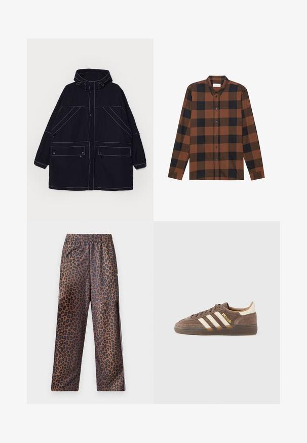 Navy hooded jacket made of lightweight fabric, featuring visible white stitching, two front pockets, and adjustable drawstrings on the hood.; Brown and black checkered long-sleeve shirt made of fabric with a button-down collar and buttoned placket; features cuffed sleeves.; Leopard print pants with an elastic waistband. Made from a shiny fabric, featuring a brown base with black spots and a loose fit design.; Brown suede sneaker with beige accents, three white stripes, gold branding, and a textured rubber sole. Classic low-top design.