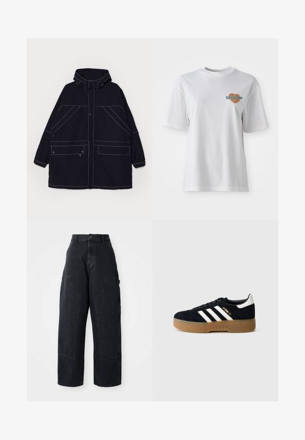 Giacca con cappuccio in navy realizzata in tessuto leggero, con cuciture bianche ben visibili, due tasche frontali e lacci regolabili sul cappuccio.; Carhartt WIP GROWTH - T-shirt con stampa - white stone washed; Pantaloni cargo in denim nero a gamba larga con vita alta, due grandi tasche frontali e chiusura con bottone in vita. Texture liscia, design casual.; Sneaker in suede nero con tre strisce bianche e logo dorato. Suola in gomma con grip testurizzato. Design classico basso, punta arrotondata.