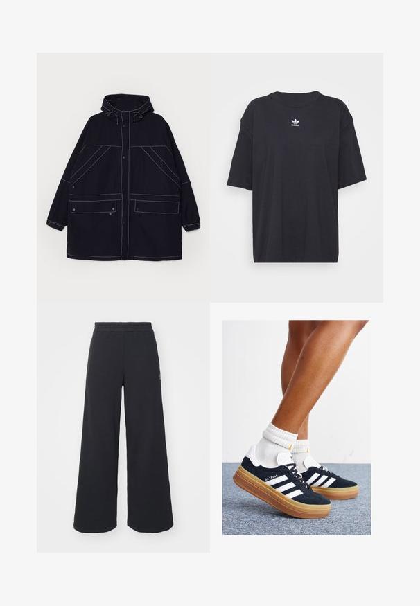 Laivastonsininen huppujacket, joka on valmistettu kevyestä kankaasta. Siinä on näkyvät valkoiset saumat, kaksi etutaskua ja säädettävät nyörit hupussa.; Musta puuvillapaita lyhyillä hihoilla, pyöreä pääntie, jossa on valkoinen Adidas-logo rinnassa. Yksinkertainen muotoilu, rento istuvuus.; Mustat leveät collegehousut, jotka on valmistettu pehmeästä kankaasta. Niissä on elastinen vyötärö ja pieni logo vasemmalla puolella.; Musta mokkanahkainen tennari, jossa valkoiset raidat ja yksityiskohdat, pyöreä kärki, purukumipohja, yhdistetty valkoisiin ribbineuleisiin nilkkasukkiin.