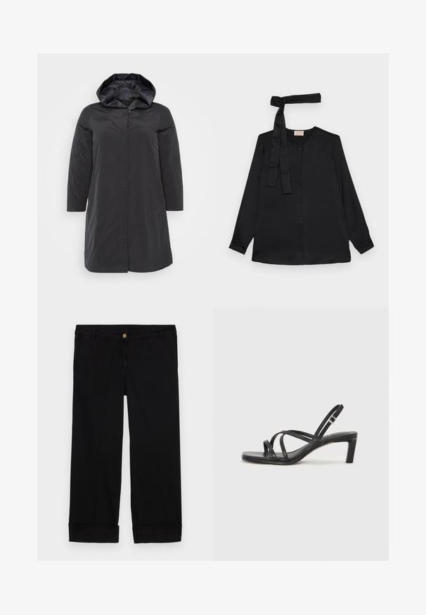 Palton negru căptușit cu glugă, dotat cu închidere cu nasture, mâneci lungi și o textură netedă, strălucitoare. Design simplu și funcțional.; Bluză neagră cu mânecă lungă dintr-un material fin, având un gât cu nasturi și un detaliu legat la gât. Culoare clasică a gulerului și mâneci cu manșete.; Pantaloni negri din bumbac cu croi drept, având buzunare frontale, închidere cu un nasture auriu și manșete răsucite. Textură netedă.; Sandal cu barete negre, cu vârf pătrat și toc mic de bloc. Prezintă mai multe barete subțiri și o bareta ajustabilă la gleznă. Fabricat din piele netedă.
