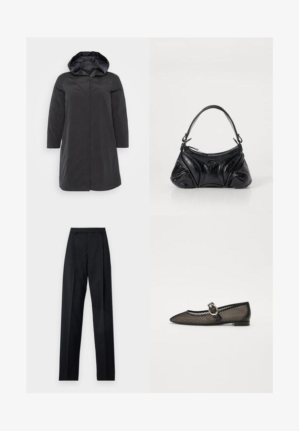 Melnā mīkstā jaka ar kapuci, ar pogu aizdari, garām piedurknēm un gludu, spīdīgu tekstūru. Vienkāršs un funkcionāls dizains.; Izgriezta balta T-krekla no mīksta auduma, ar īsām piedurknēm, apaļu apkakli un ribota apakšmala. Vienkāršs un neizpušķots dizains.; Melnas bikses, izgatavotas no gludas auduma, ar augstu vidukli, platiem bikšu galdniekiem, priekšējiem krokām un klasiskām jostu cilpām. Sānu kabatas nav redzamas.; Melnas melnas Mary Jane stila plakanas kurpes ar sietiņa dizainu, ādas apdari un apaļu zelta sprādzi uz siksnas.; Melna soma, kas izgatavota no strukturētas ādas ar noapaļotu formu. Tajā ir plāna plecu siksna un dekoratīvi reljefi raksti.