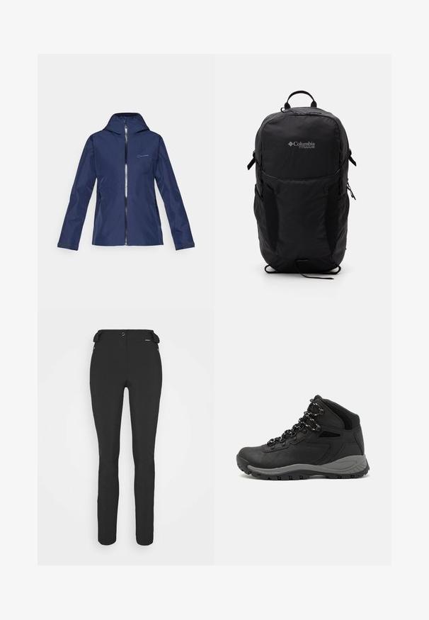 Navy wasserfeste Jacke mit passender Kapuze, durchgehendem Reißverschluss, zwei Seitentaschen und verstellbaren Manschetten. Glatte Textur und minimalistisches Design.; Graues T-Shirt mit kurzen Ärmeln aus weichem, feuchtigkeitsableitendem Stoff. Hat einen Rundhalsausschnitt und ein kleines weißes Logo auf der oberen linken Seite.; Schwarze, enganliegende Hosen aus einem flexiblen Material. Zu den Merkmalen gehören eine seitliche Reißverschlusstasche, vorgeformte Knie und eine glatte Textur.; Schwarzer Wanderstiefel mit einem mittelhohen Design, ausgestattet mit einer strukturierten Oberfläche, grauen Akzenten und einer robusten Gummisohle mit Profilstollen.; Schwarzer Columbia Titanium Rucksack mit glatter Stofftextur, Seitentaschen, Oberhandgriff und verstellbaren Trägern. Minimalistisches Design mit dezentem Branding.