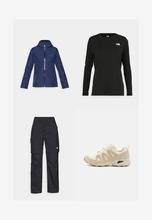 Giacca impermeabile blu navy con cappuccio aderente, zip frontale completa, due tasche laterali e polsini regolabili. Texture liscia e design minimalista.; T-shirt nera a maniche lunghe in cotone con colletto rotondo. Presenta un piccolo logo bianco sul lato sinistro del petto. Design semplice e vestibilità comoda.; Pantaloni cargo in nylon nero con zip rimovibile, polsini regolabili, molteplici tasche e un logo sulla gamba destra. Tessuto liscio e leggero.; Scarpa atletica beige e crema con tomaia in mesh testurizzato, sovrapposizioni supportive e suola in gomma con un motivo a tasselli per la trazione.